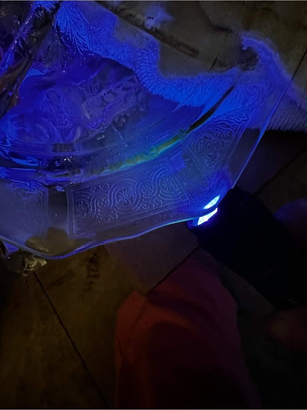 Etched depression uranium Glass Serving Tray - with Iridescent Green Glow